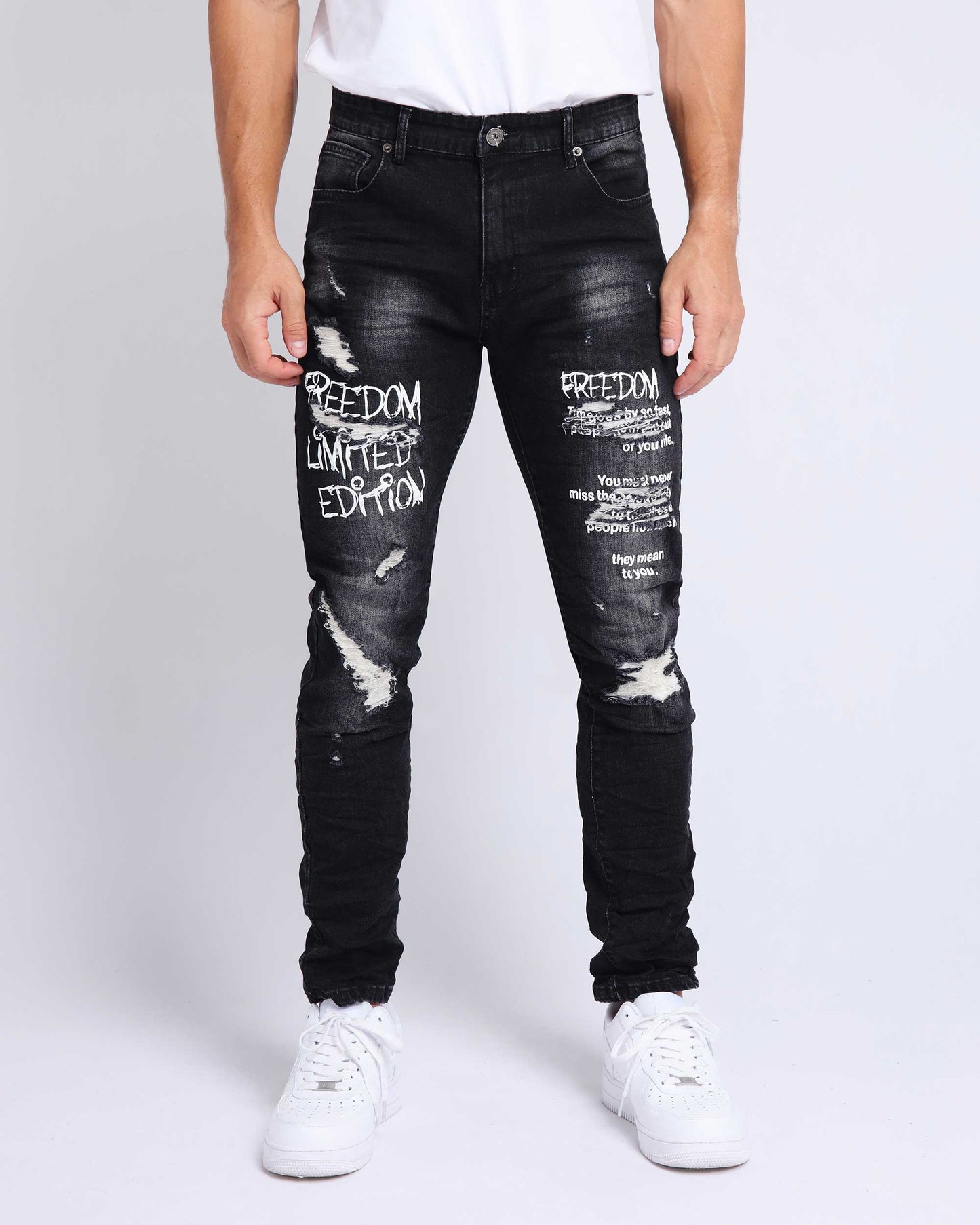 Gothic Graffiti Slim Fit Ripped Black Jeans - HCWP