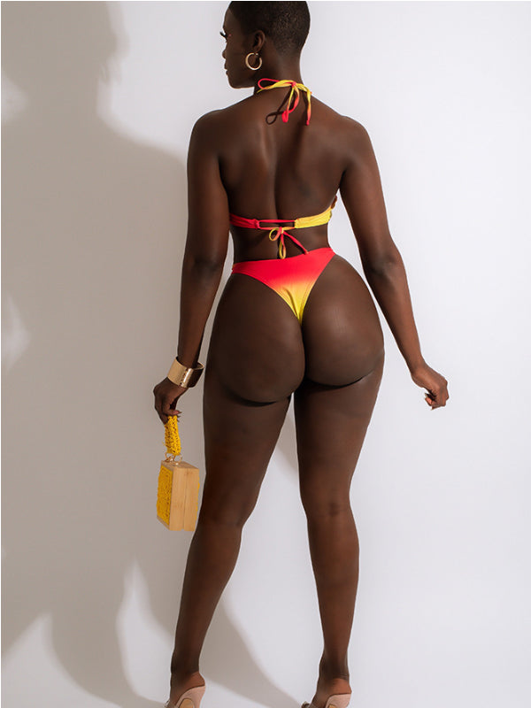 Gradient Contrast Color Halter Bikini Sets - HCWP