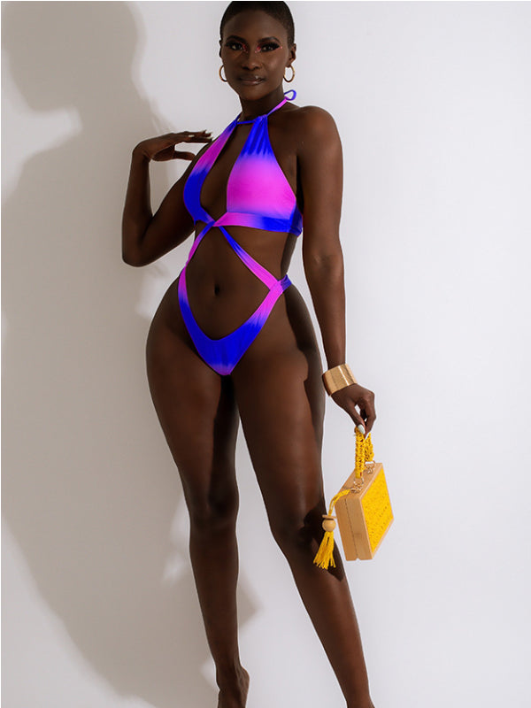 Gradient Contrast Color Halter Bikini Sets - HCWP