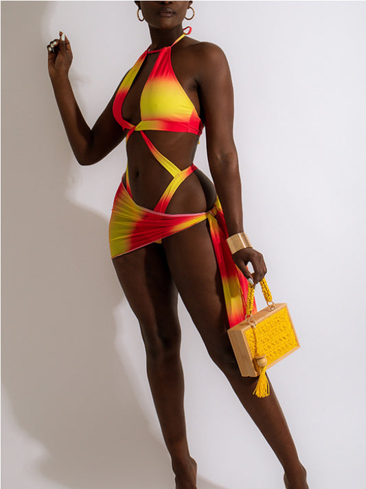 Gradient Contrast Color Halter Bikini Sets - HCWP