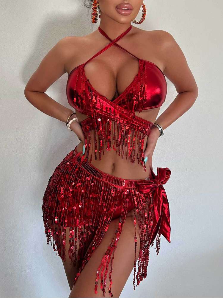 Tassel Halter Neck Backless Bikinis Sets - HCWP