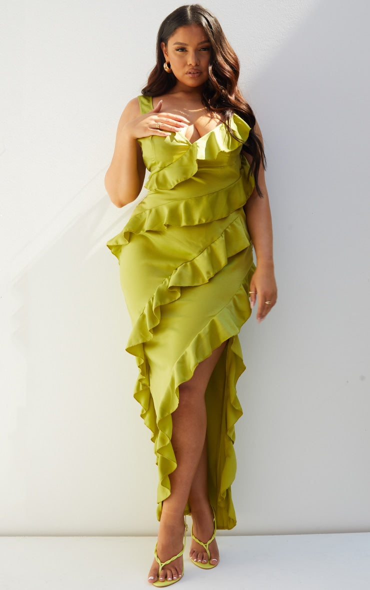 Plus Black Satin Frill Layered Midaxi Dress - HCWP