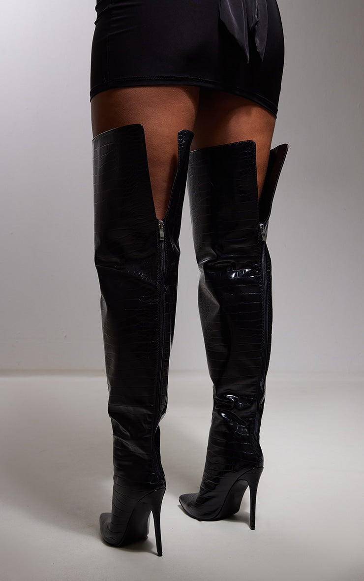 Black Croc PU Pointed High Heel Over The Knee Boots