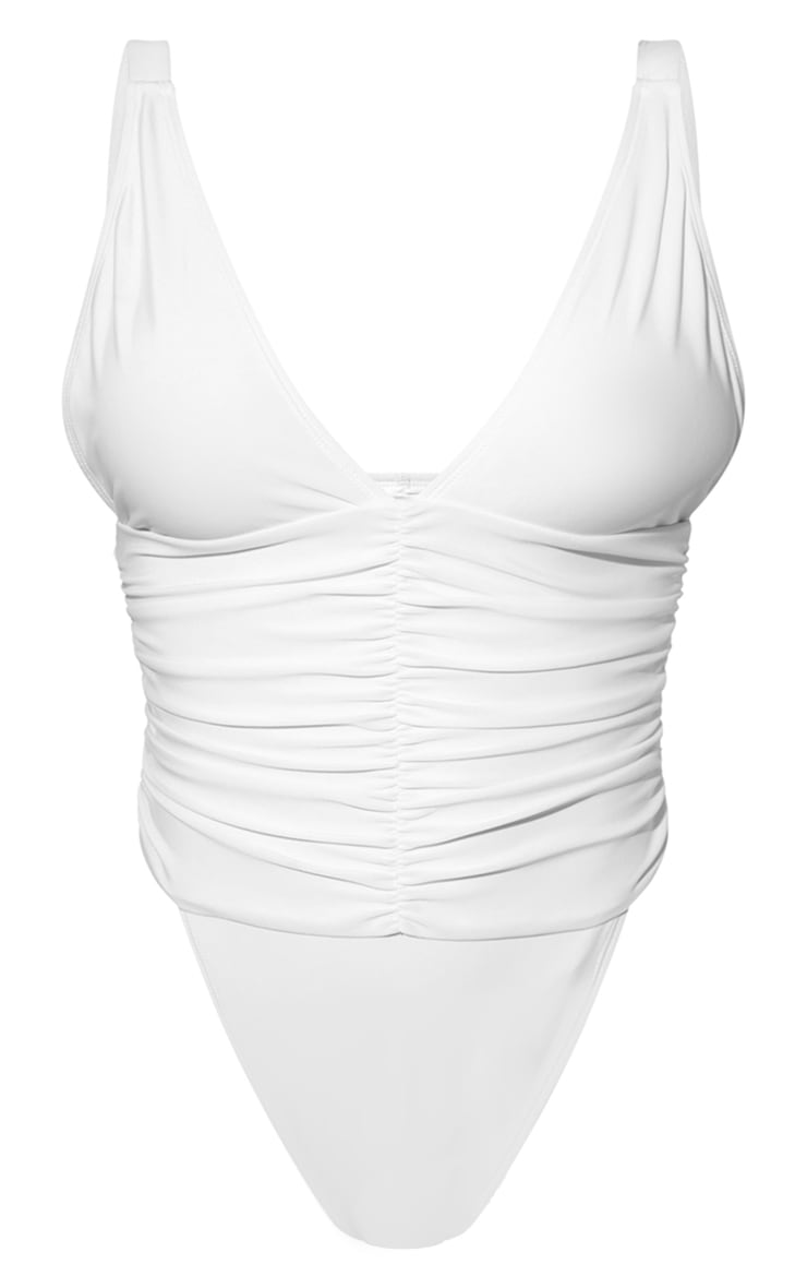 Black Ruched Waist High Leg Plunge Swimsuit - HCWP
