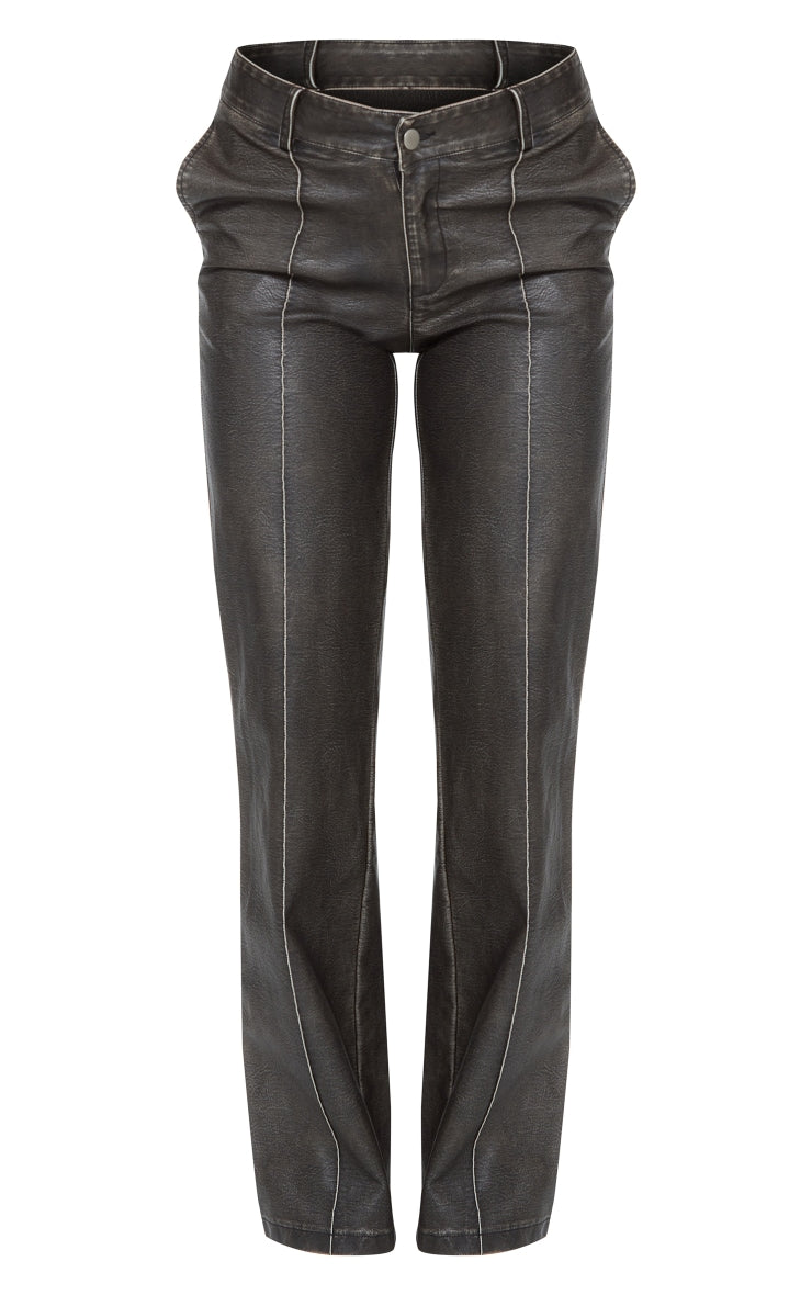 Burgundy Washed Faux Leather Dip Waist Flared Trousers