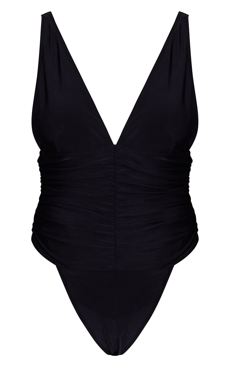 Black Ruched Waist High Leg Plunge Swimsuit - HCWP