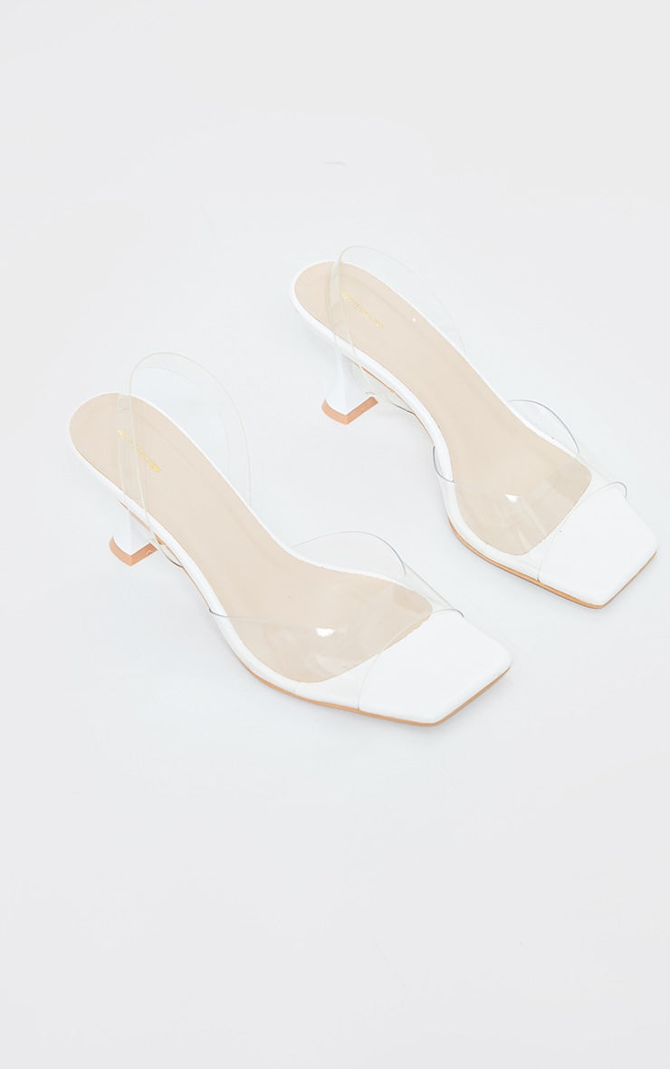 White Low Cake Stand Square Toe Clear Strap Slingback Heeled Sandals - HCWP