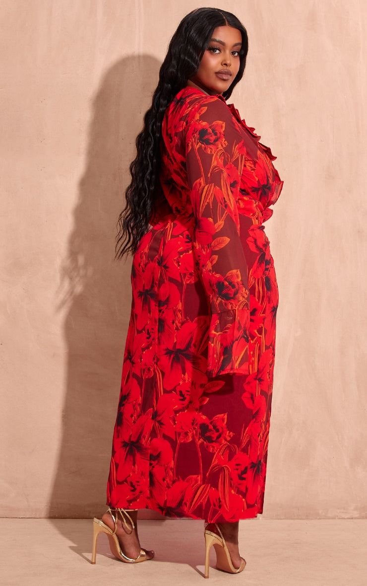 Plus Red Floral Print Chiffon Frill Midi Dress - HCWP