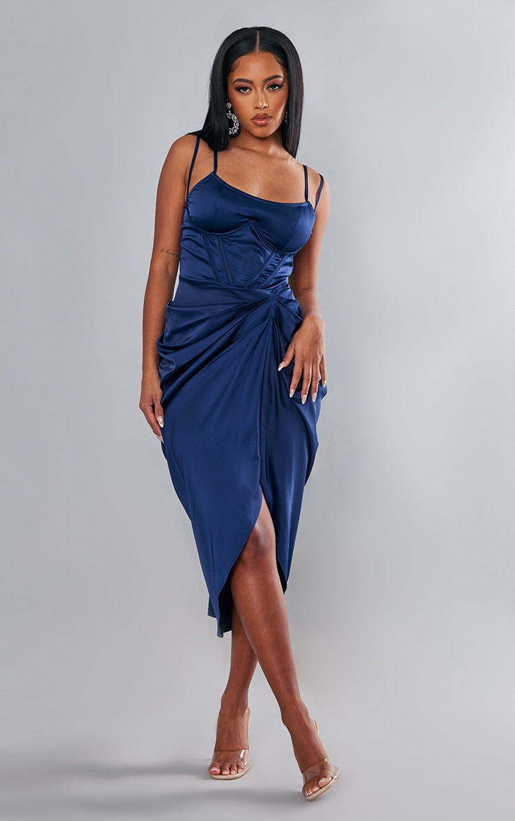 Navy Satin Underwired Draped Skirt Midi Dress - HCWP