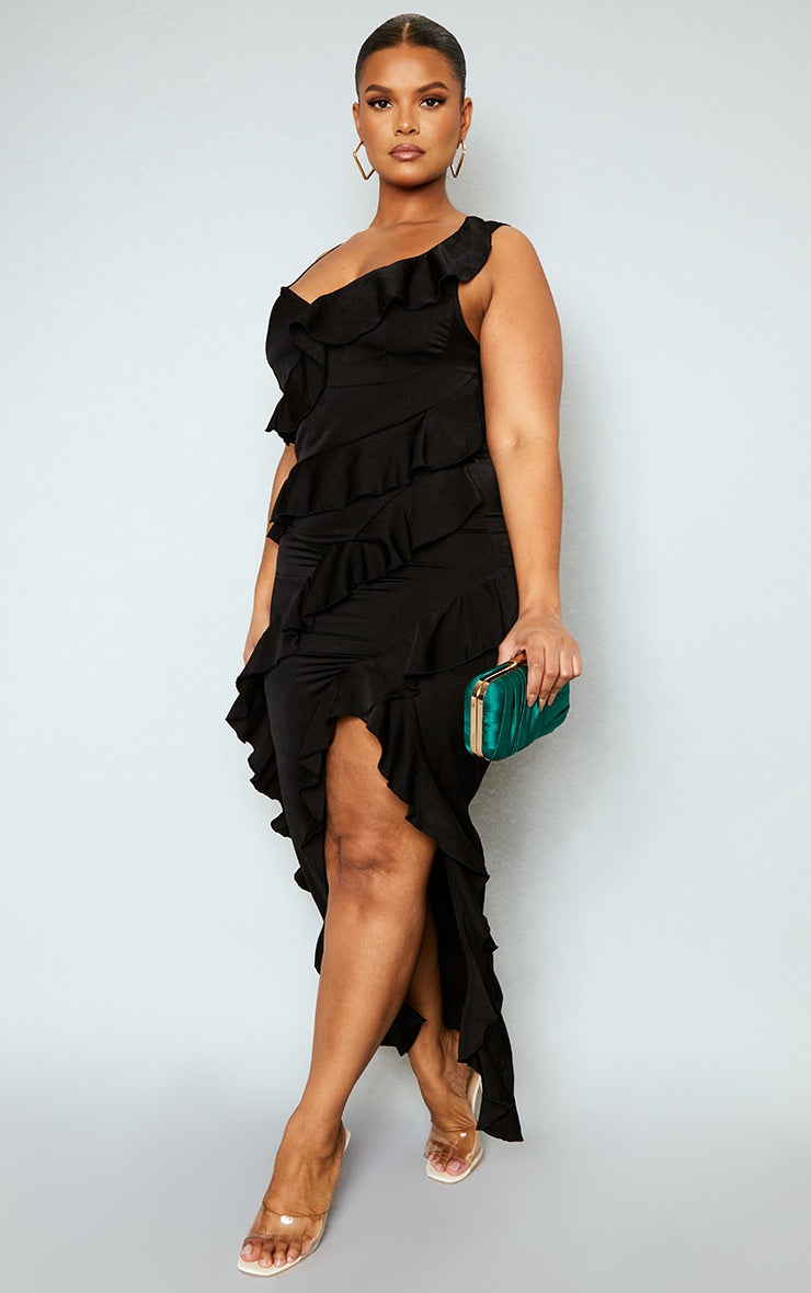 Plus Black Satin Frill Layered Midaxi Dress - HCWP