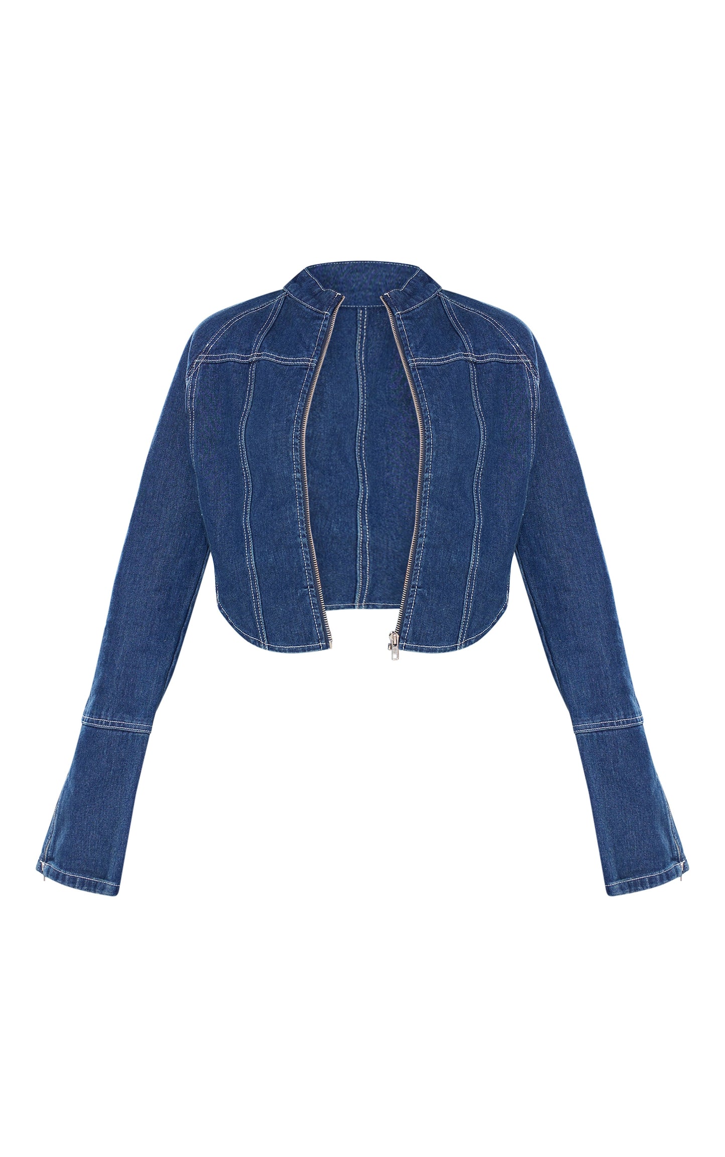 Plus Indigo Blue Wash Zip Up Cuff Detail Denim Jacket