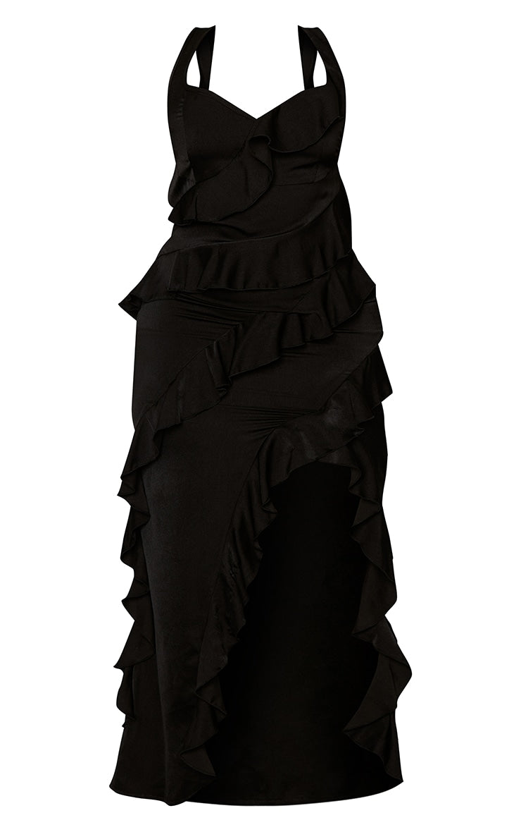 Plus Black Satin Frill Layered Midaxi Dress - HCWP