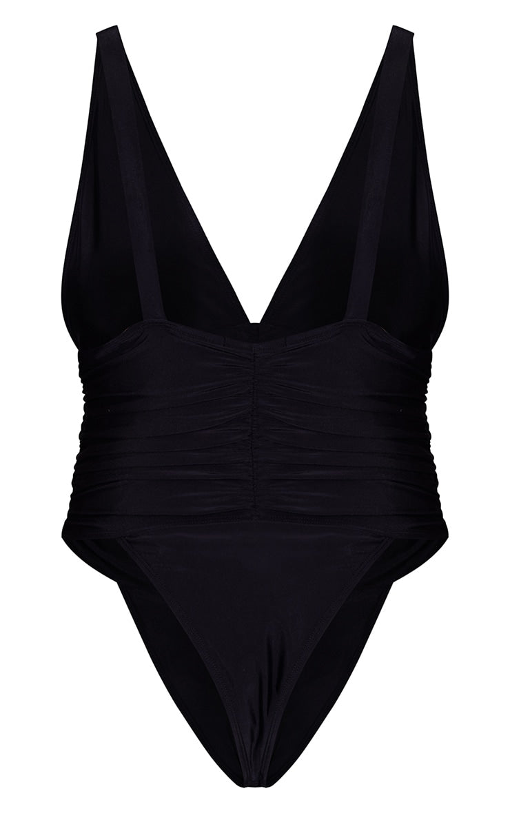 Black Ruched Waist High Leg Plunge Swimsuit - HCWP