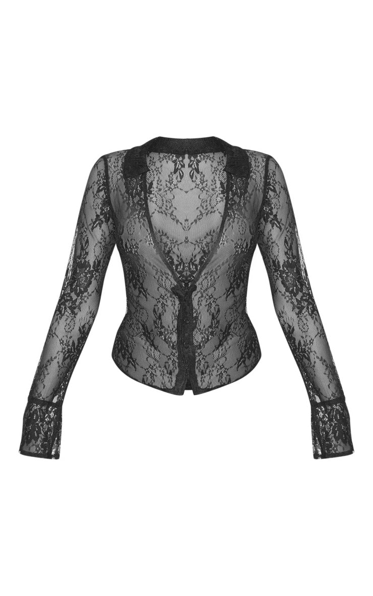 Black Sheer Lace Fitted Shirt - HCWP