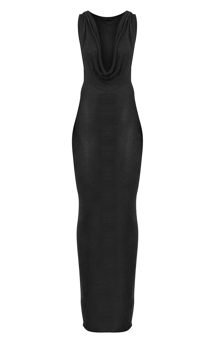 Black Sheer Knit Cowl Hooded Maxi Dress - HCWP