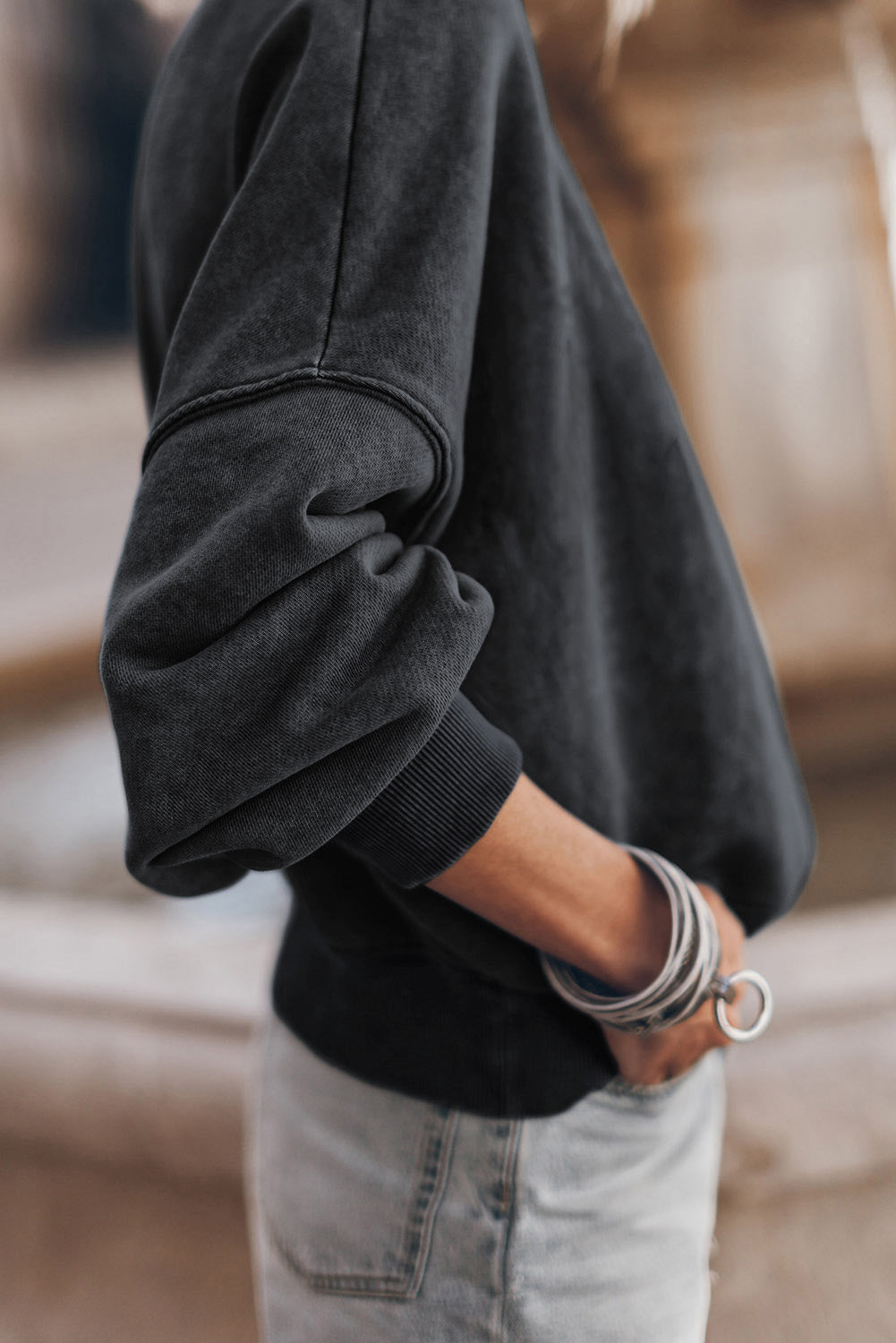 Black Drop Shoulder Crew Neck Pullover Sweatshirt - HCWP