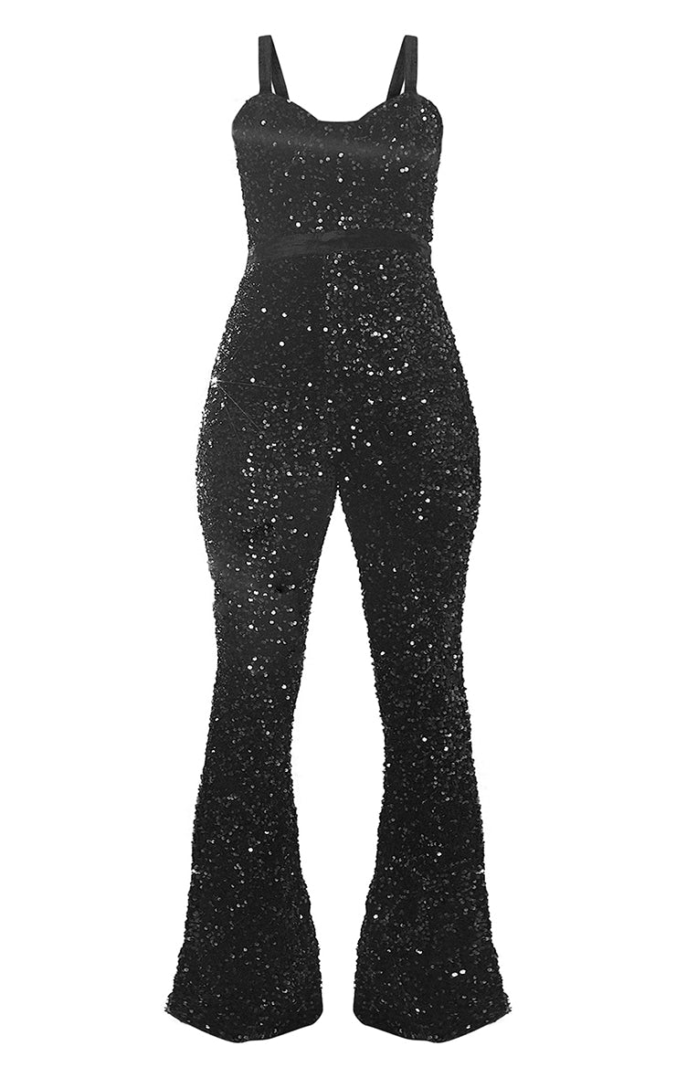 Black Sequin Velvet Waistband Strappy Jumpsuit - HCWP