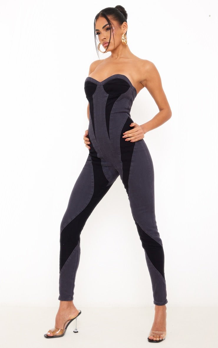Black Contrast Panel Detail Denim Jumpsuit - HCWP
