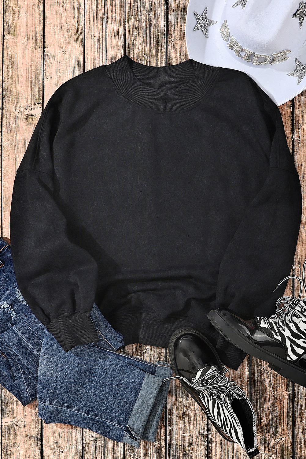 Black Drop Shoulder Crew Neck Pullover Sweatshirt - HCWP