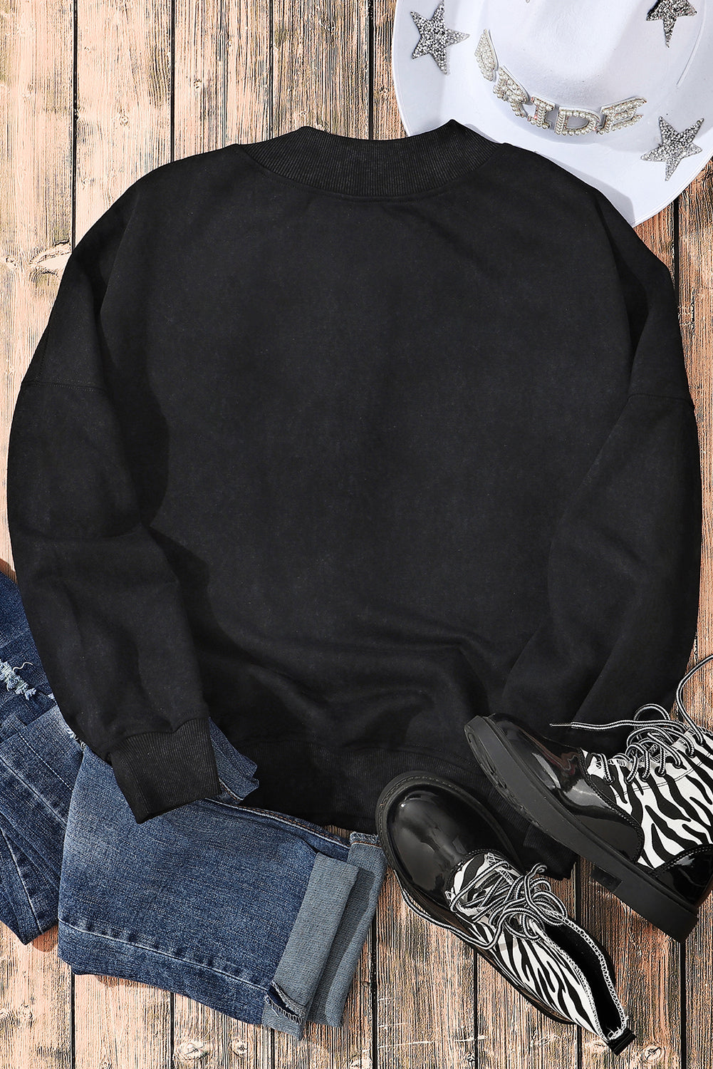 Black Drop Shoulder Crew Neck Pullover Sweatshirt - HCWP