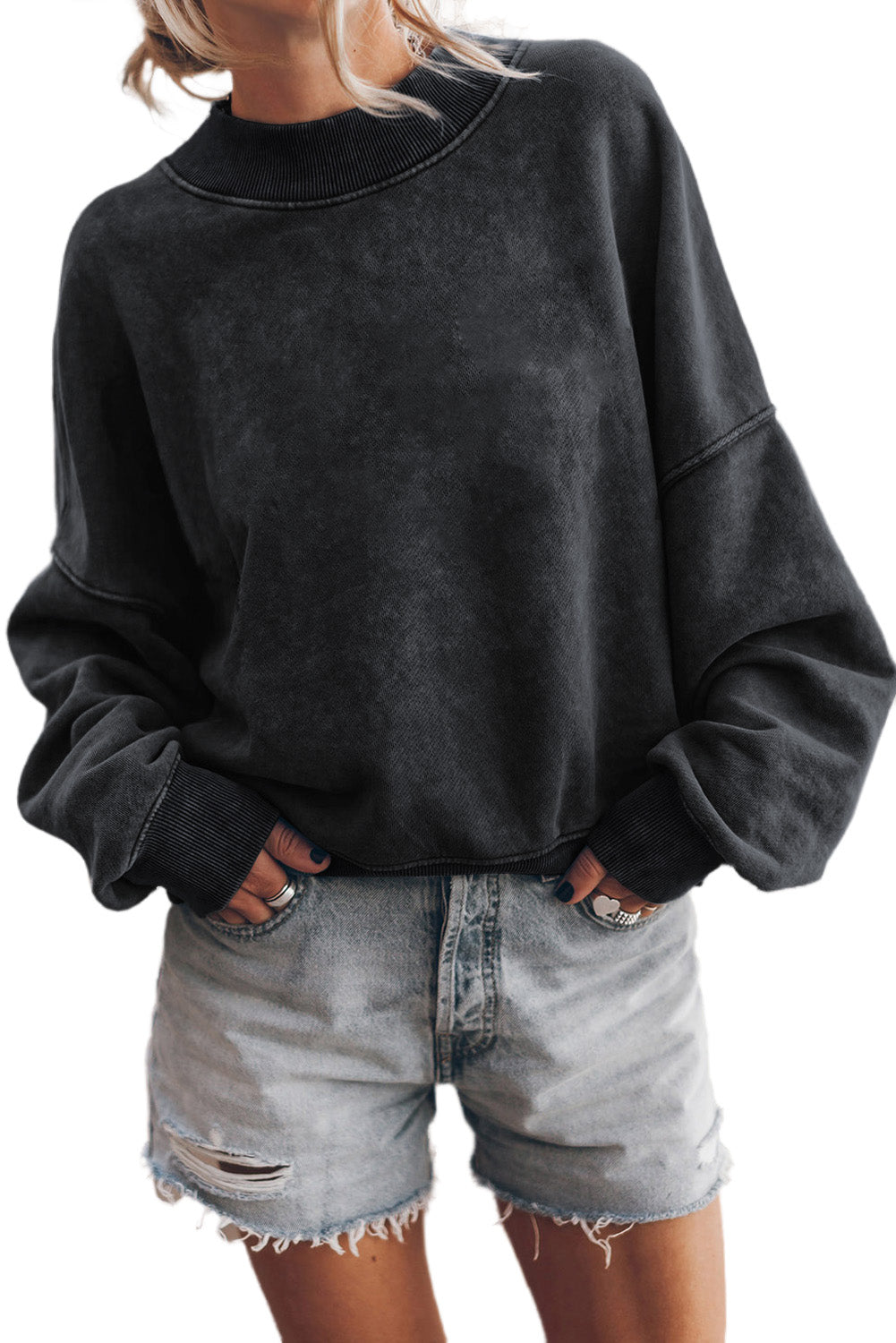 Black Drop Shoulder Crew Neck Pullover Sweatshirt - HCWP