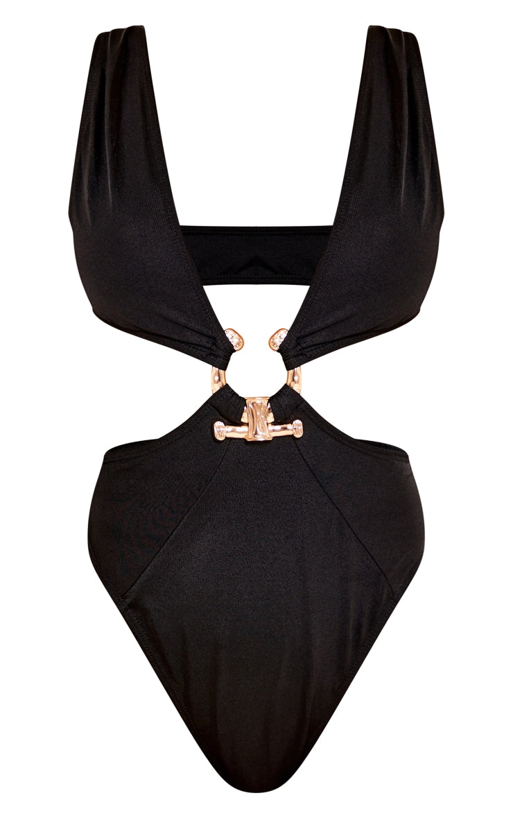 Black Hammered Trim Deep Plunge Cut Out Swimsuit - HCWP