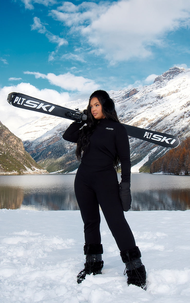 Plus Black Embroidered Zip Up Knit Ski Base Layer Top - HCWP