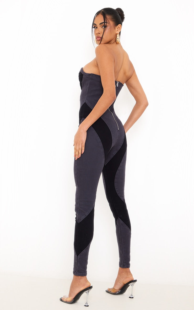Black Contrast Panel Detail Denim Jumpsuit - HCWP