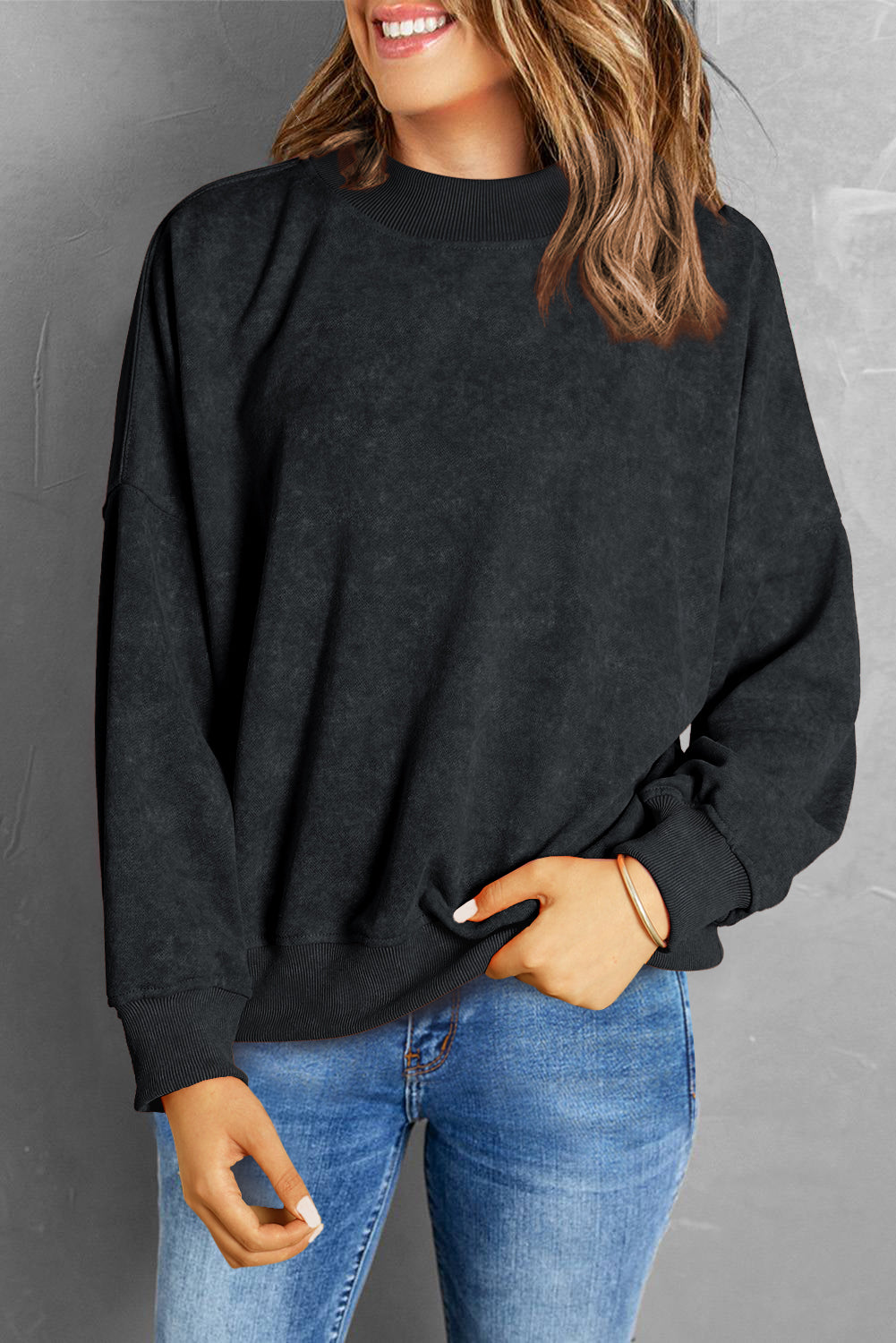 Black Drop Shoulder Crew Neck Pullover Sweatshirt - HCWP