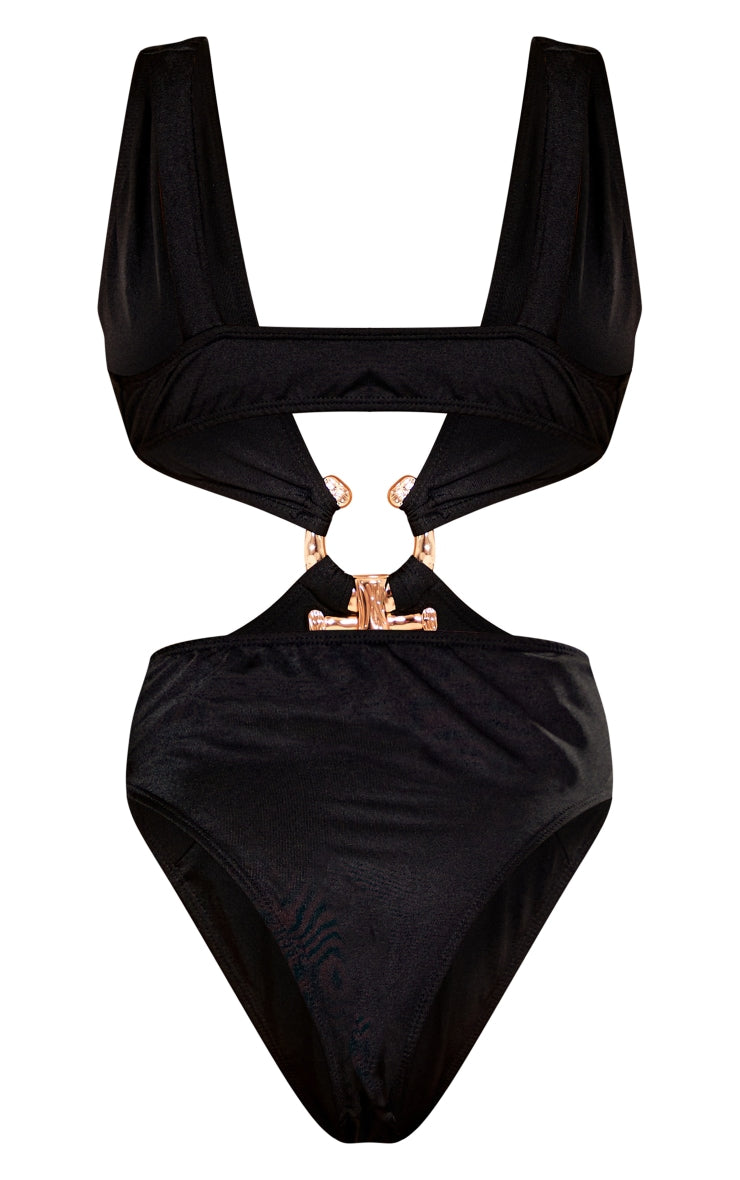 Black Hammered Trim Deep Plunge Cut Out Swimsuit - HCWP