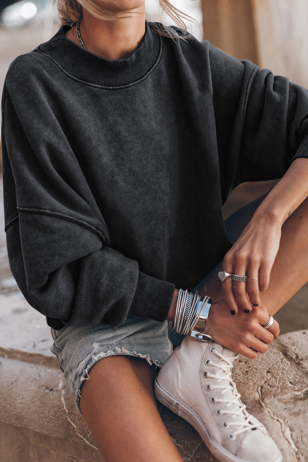 Black Drop Shoulder Crew Neck Pullover Sweatshirt - HCWP