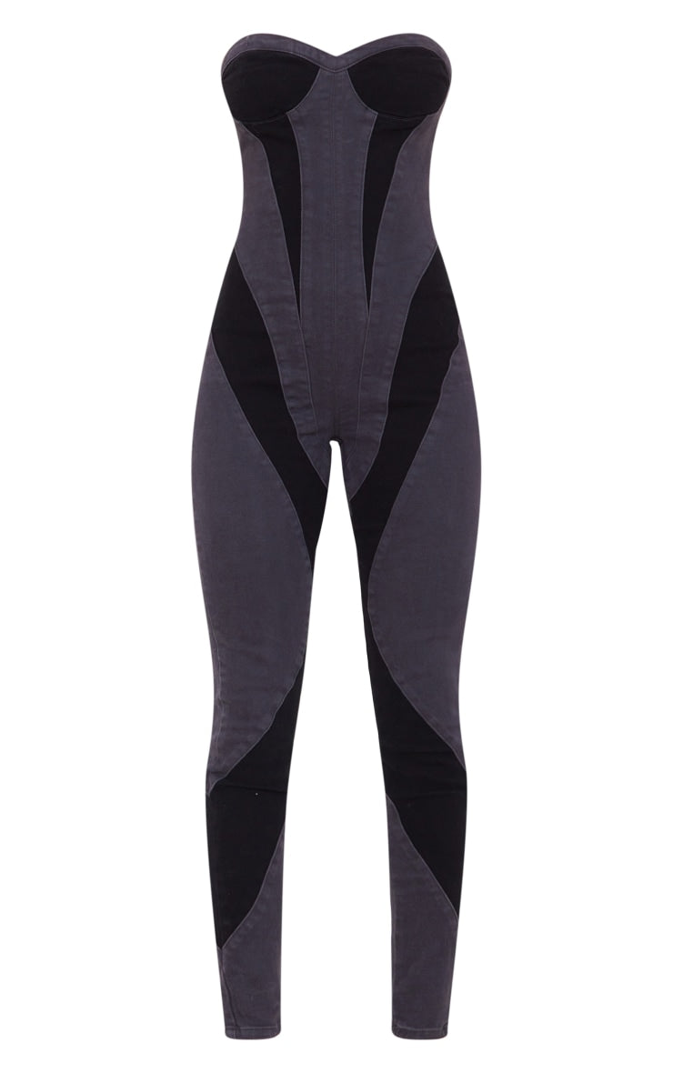 Black Contrast Panel Detail Denim Jumpsuit - HCWP
