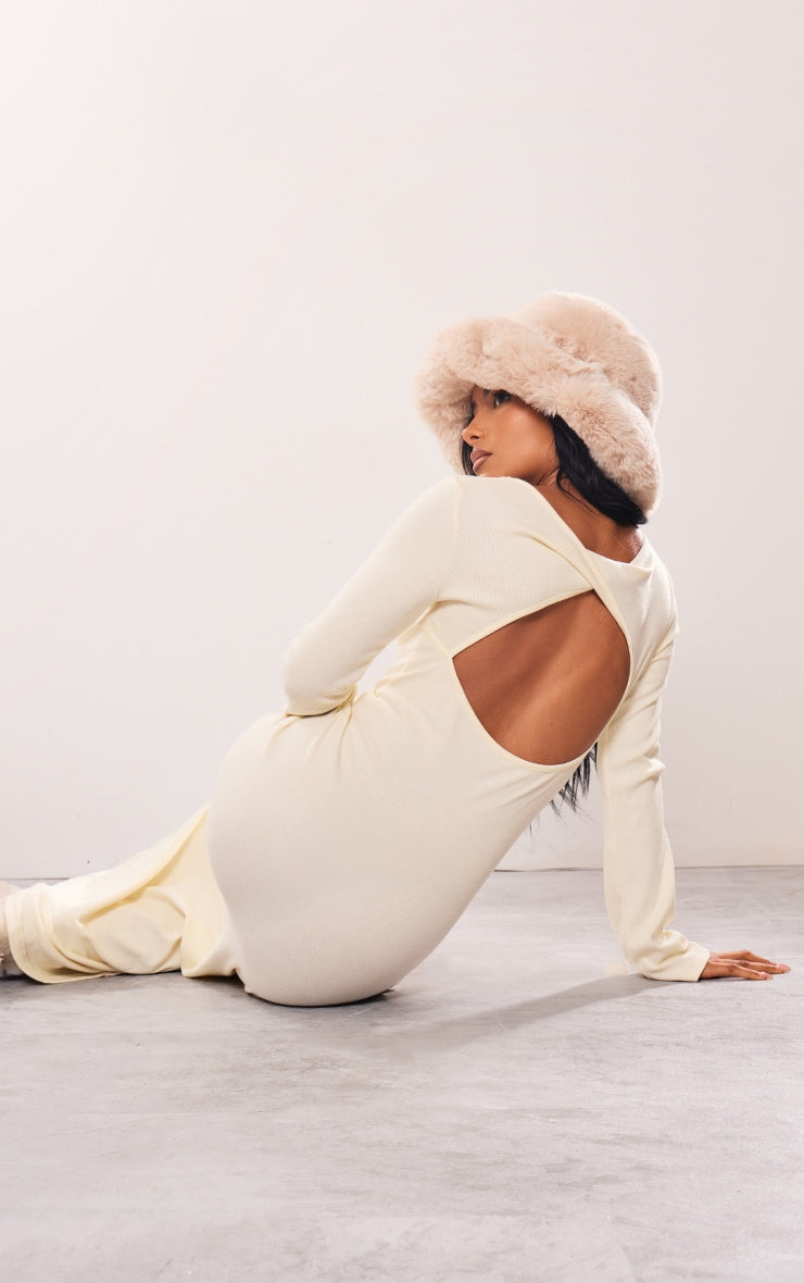 Cream Wide Rib Cut Out Twist Back Maxi Dress - HCWP