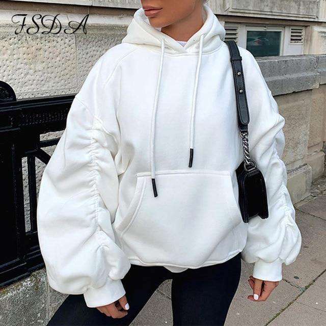 Khaki Long Puff Sleeve Hoodie
