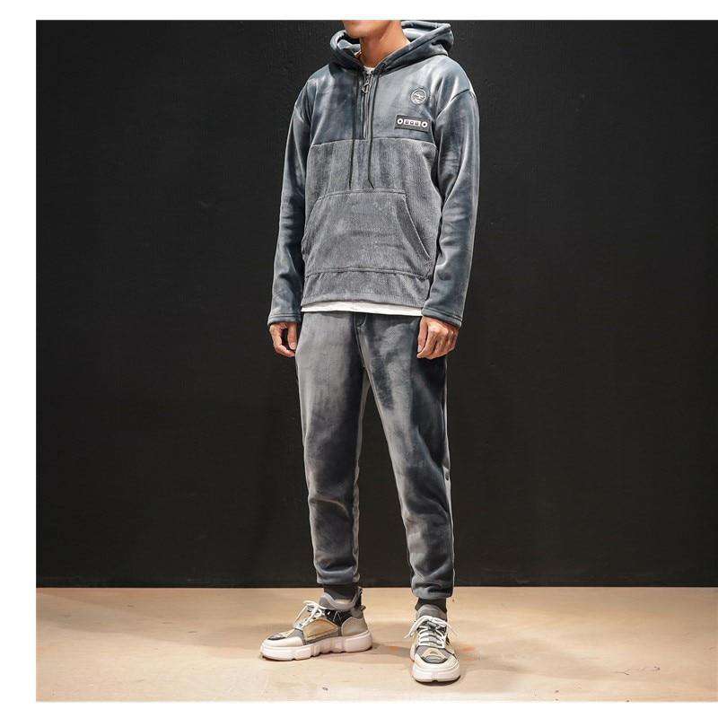 Men's Fashion Sport Set Thick Velvet Winter Tracksuit Long Sleeve Hoodie Sweatshirt Joggings Pants Workout Suit Plus SizeM-5XL