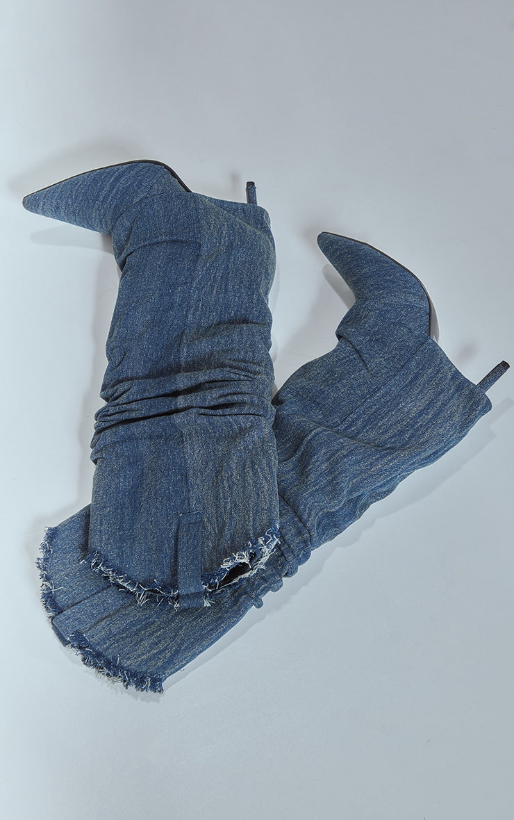 Blue Washed Denim Point Toe Frayed Fold Over Heeled Knee High Boots