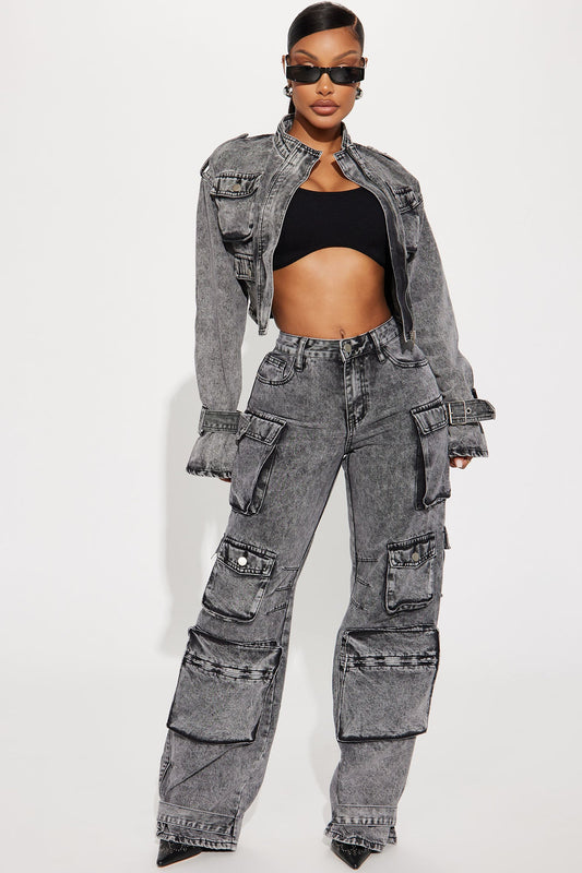 Billie Low Slung Cargo Jeans - Acid Wash Black - HCWP 