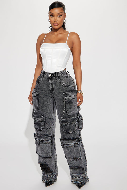 Millie Non Stretch Ripped Cargo Jeans - Acid Wash Black - HCWP 