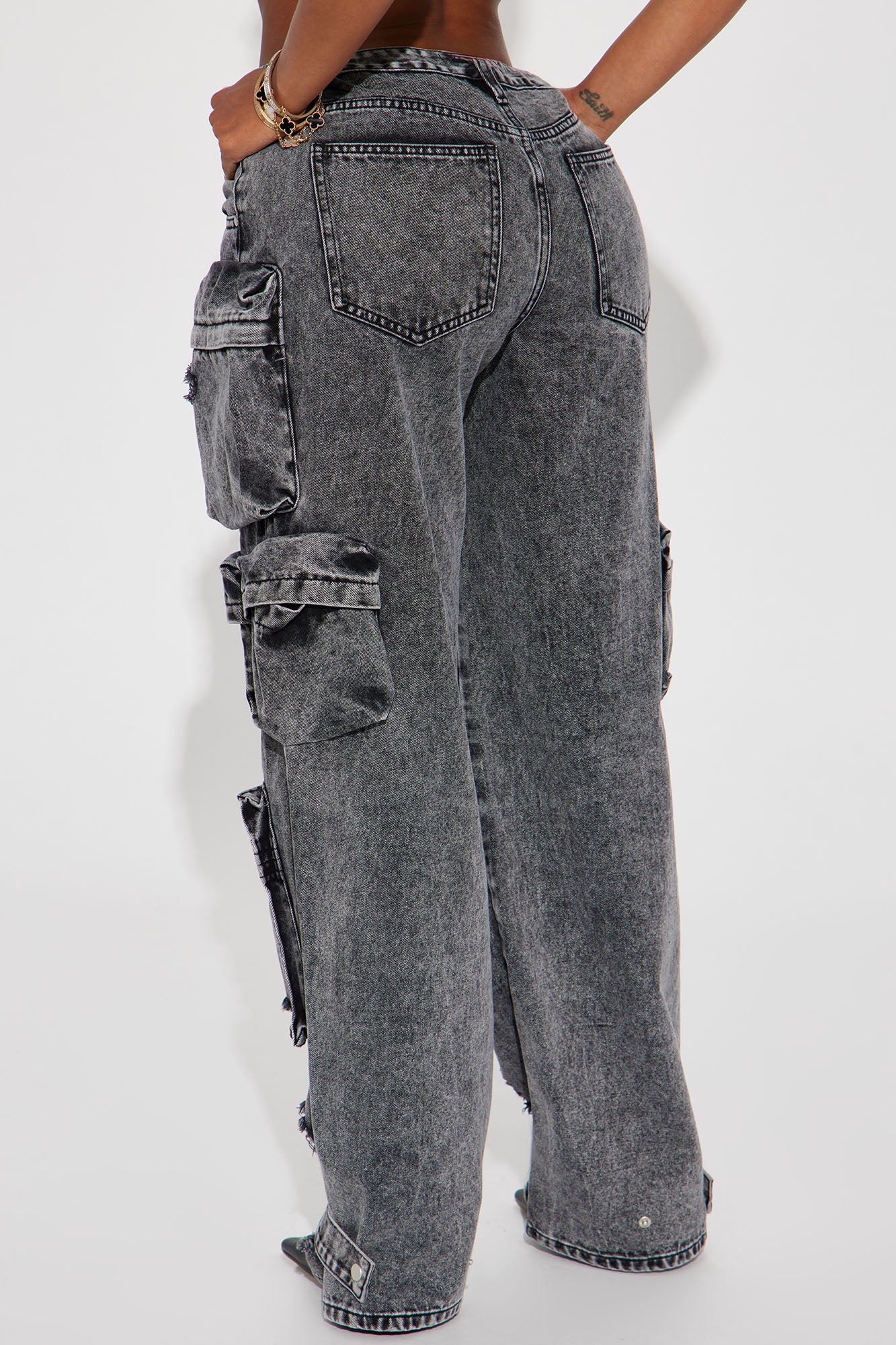 Millie Non Stretch Ripped Cargo Jeans - Acid Wash Black - HCWP 