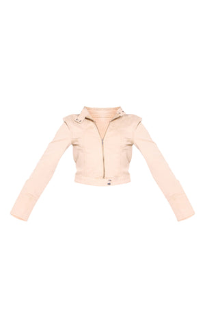 Beige Racer Collar Cropped Denim Jacket