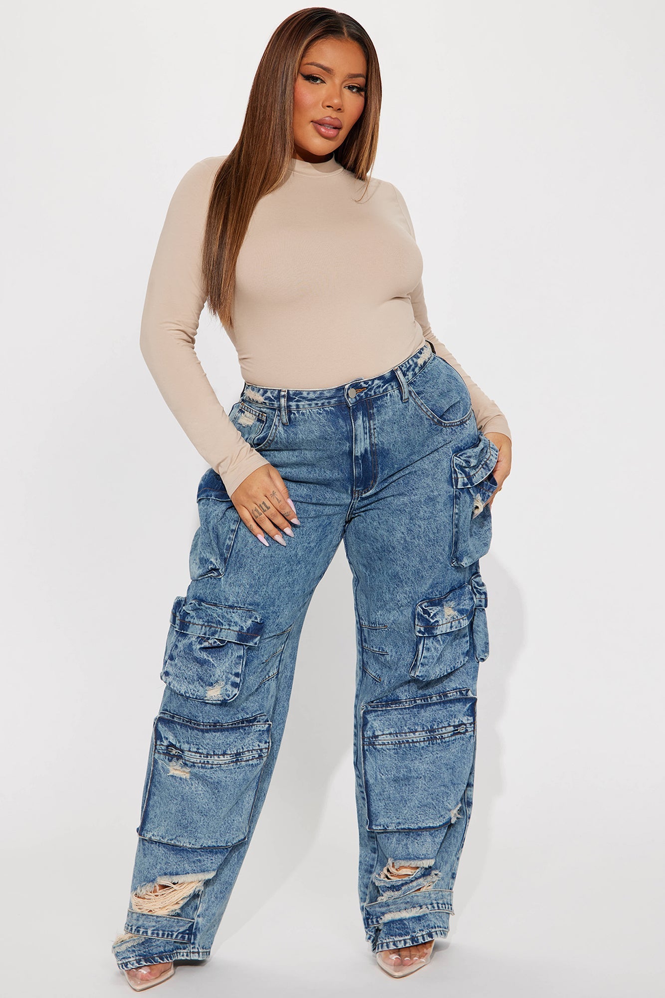 Nikki Non Stretch Acid Wash Cargo Jeans - Medium Wash - HCWP 