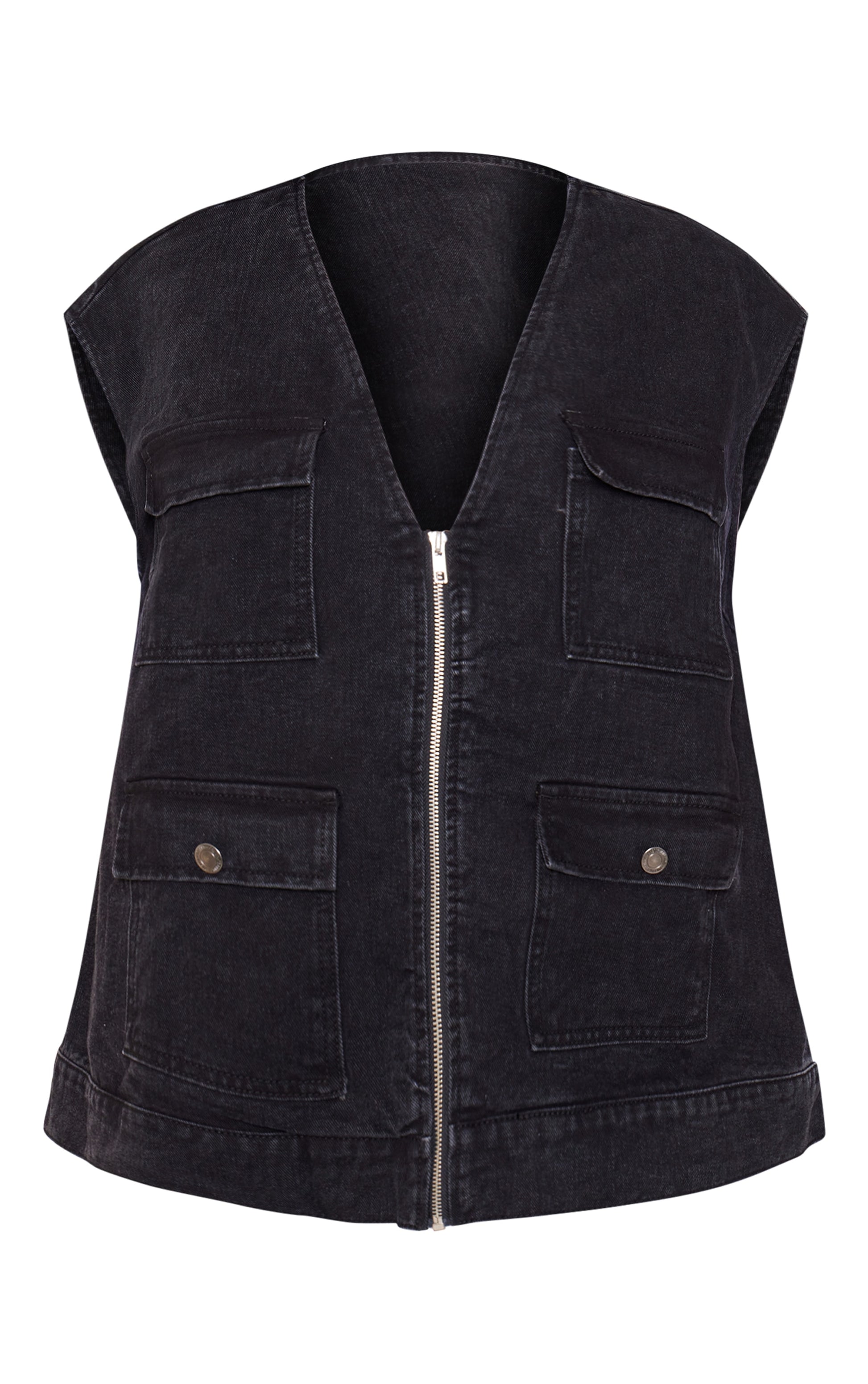 Plus Washed Black Zip Up Denim Cargo Gilet