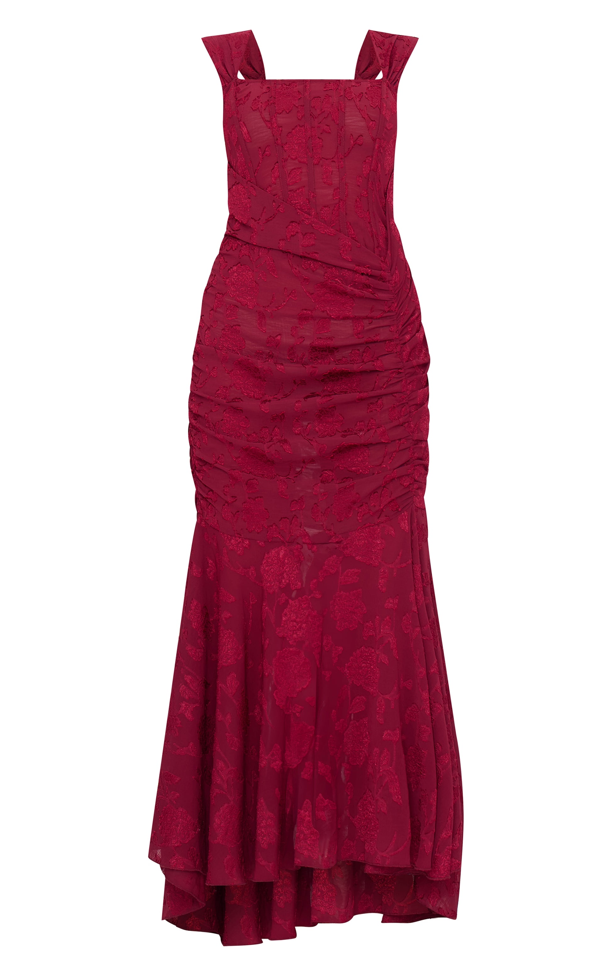 Burgundy Burnout Ruched Midi Dress