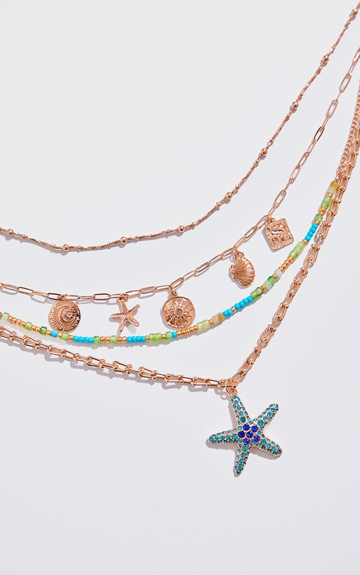 Gold Jewel Starfish Multi Charm Layered Necklace