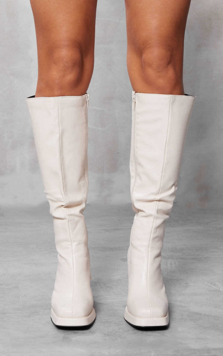 Cream Slight Platform Block Heel Square Toe Knee Boots