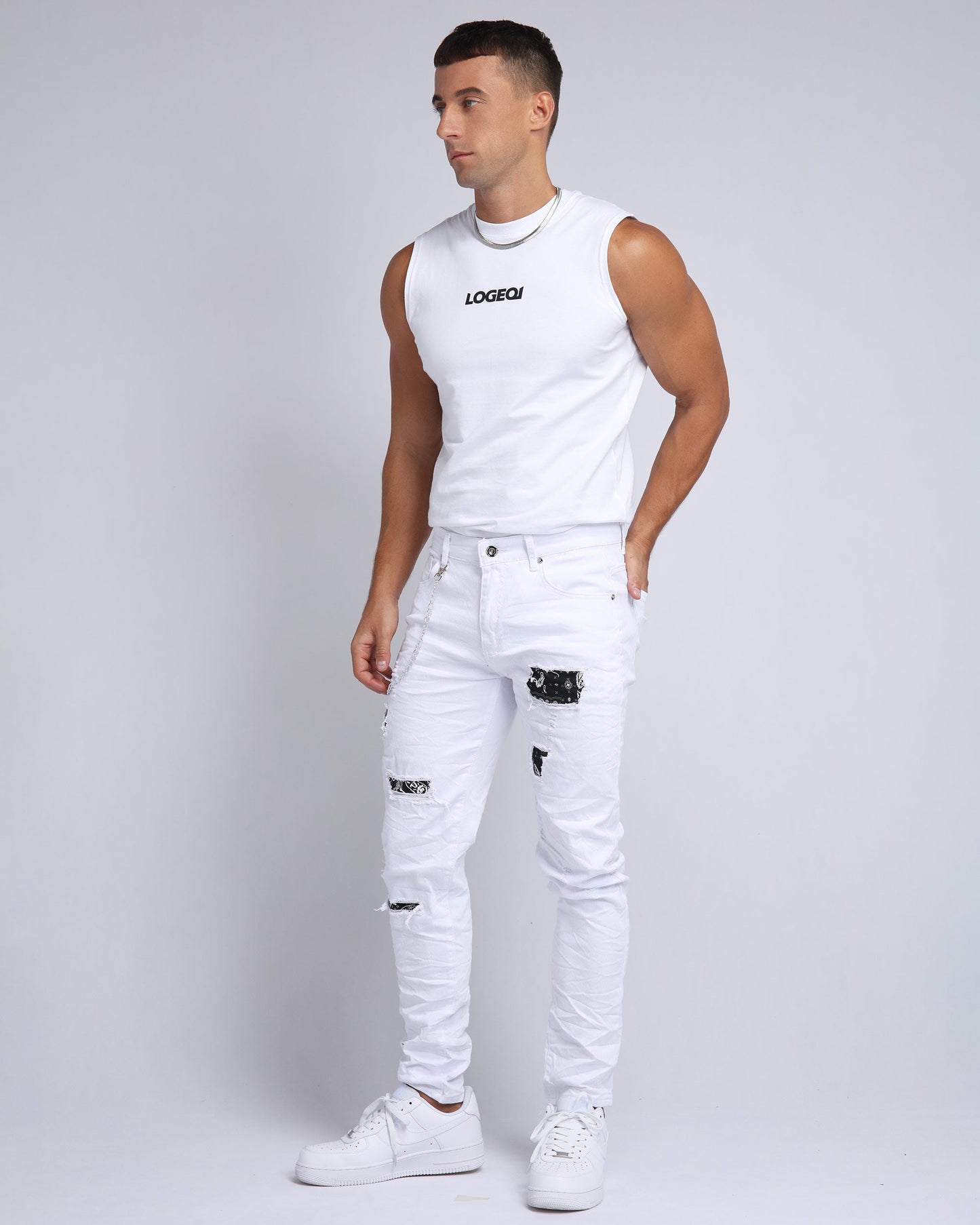 Graffiti Patch Slim Fit Ripped White Jeans - HCWP 