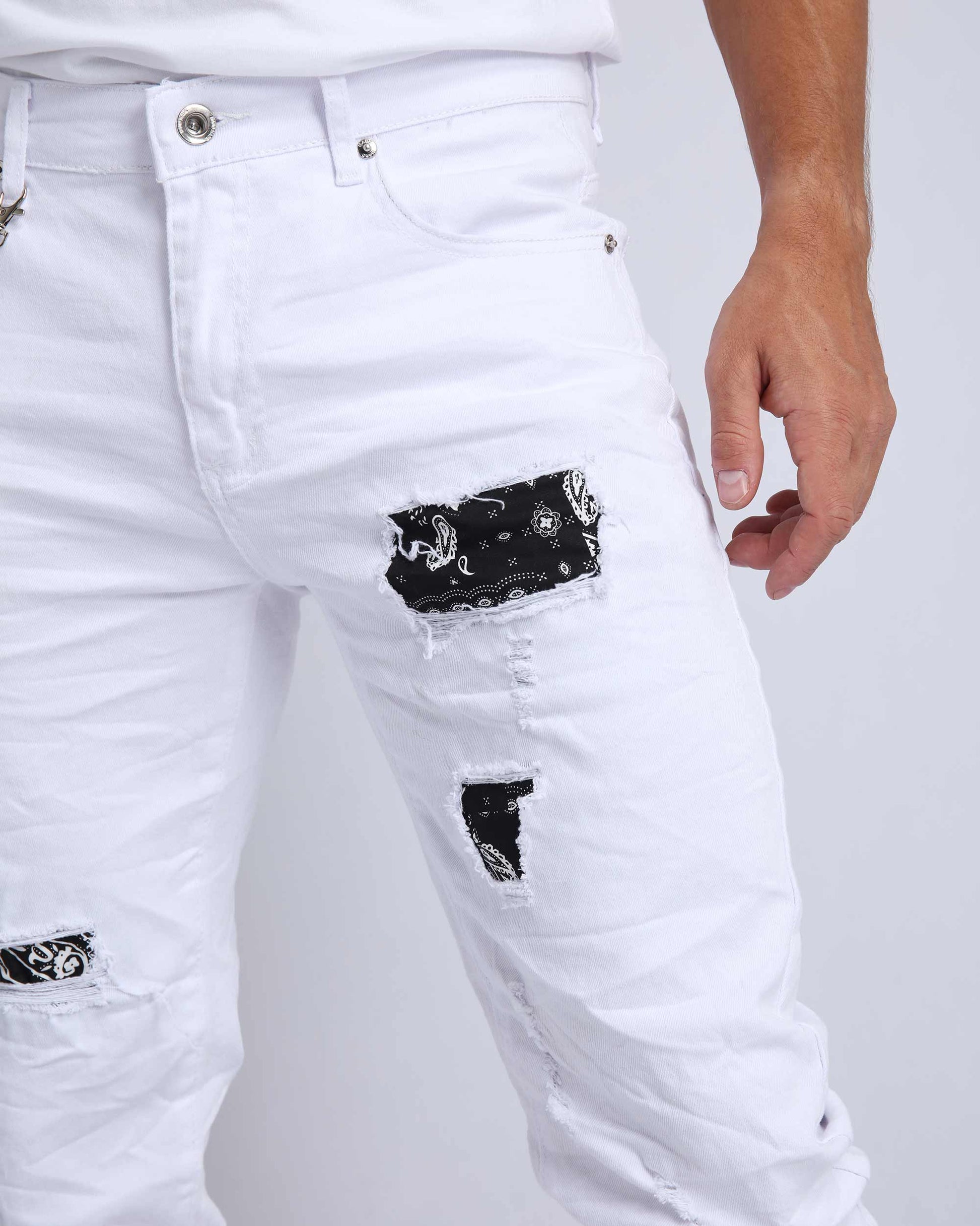 Graffiti Patch Slim Fit Ripped White Jeans - HCWP 