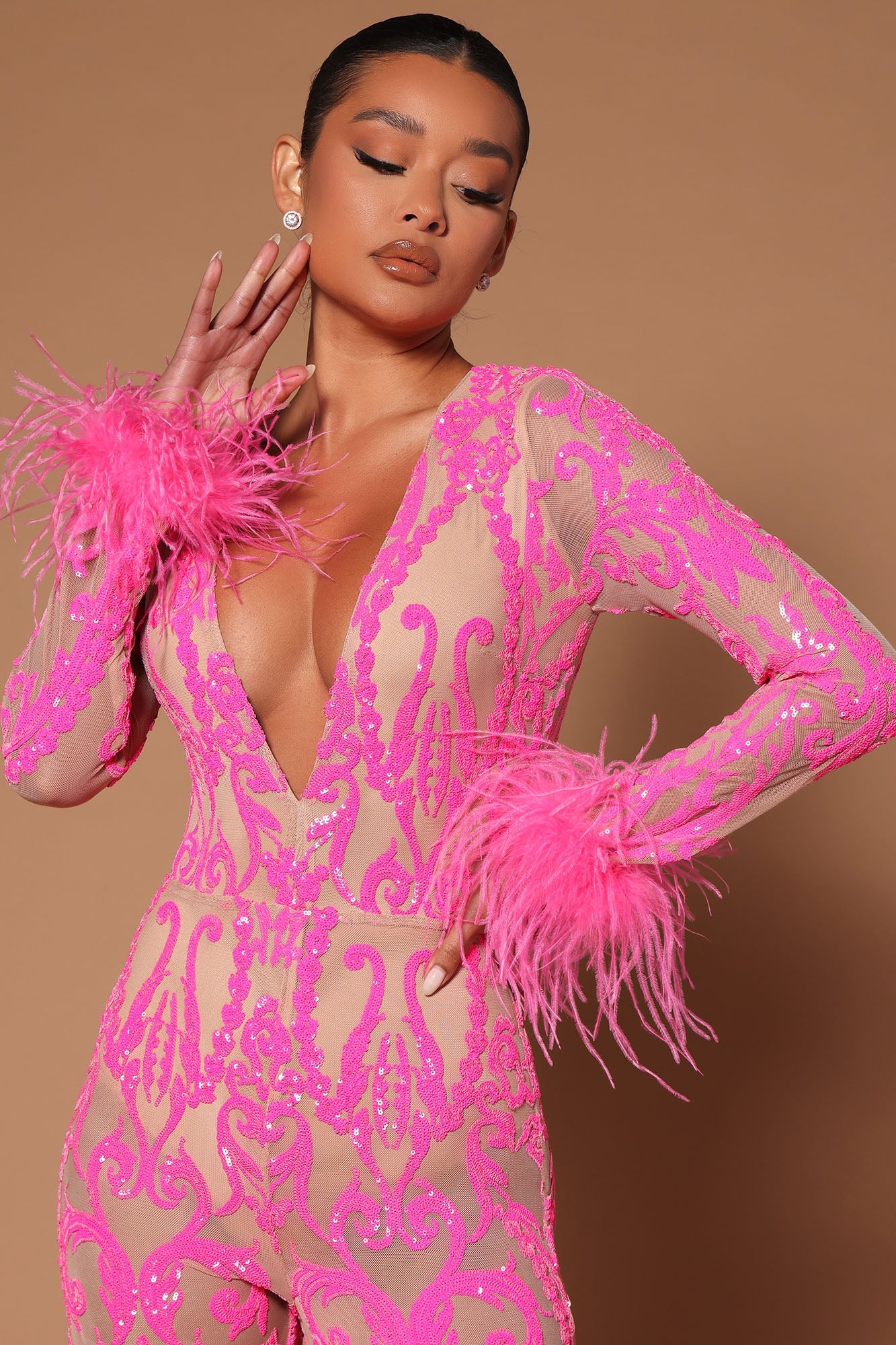 A Dancing Queen Sequin Feather Jumpsuit - Pink - HCWP 