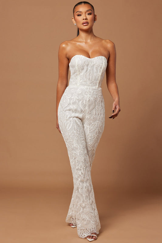 Esther Sequin Embroidered Jumpsuit - White - HCWP 