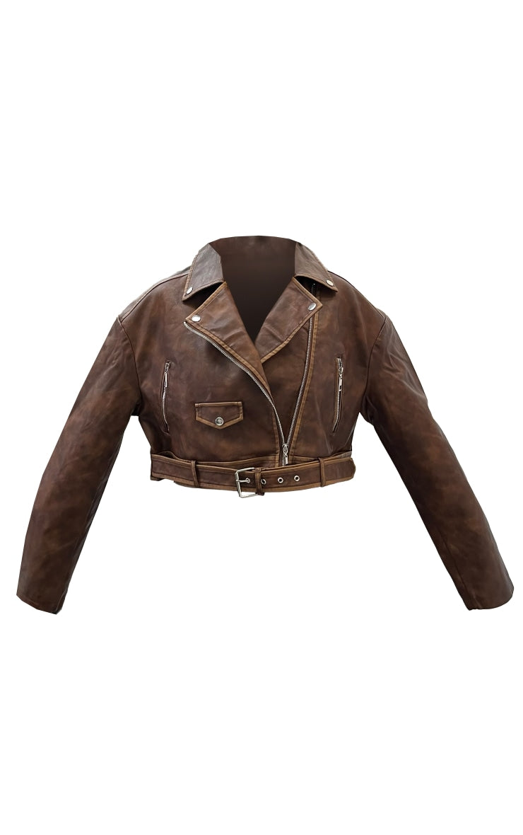 Brown Faux Leather Mottled Texture Belted Hem Biker Jacket